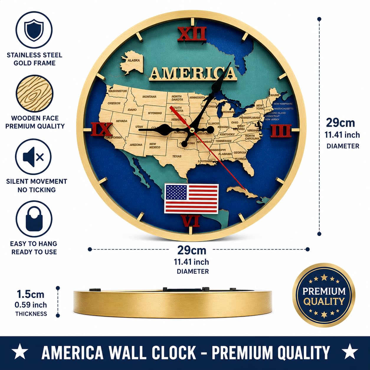 VIVUMAP Wooden Wall Clock USA Map Design 11.4 Inch Silent Non-Ticking, Handcrafted 6-Layer Laser Cut Wood with Gold Frame, Premium Decorative Wall Clock for Living Room, Bedroom, Office