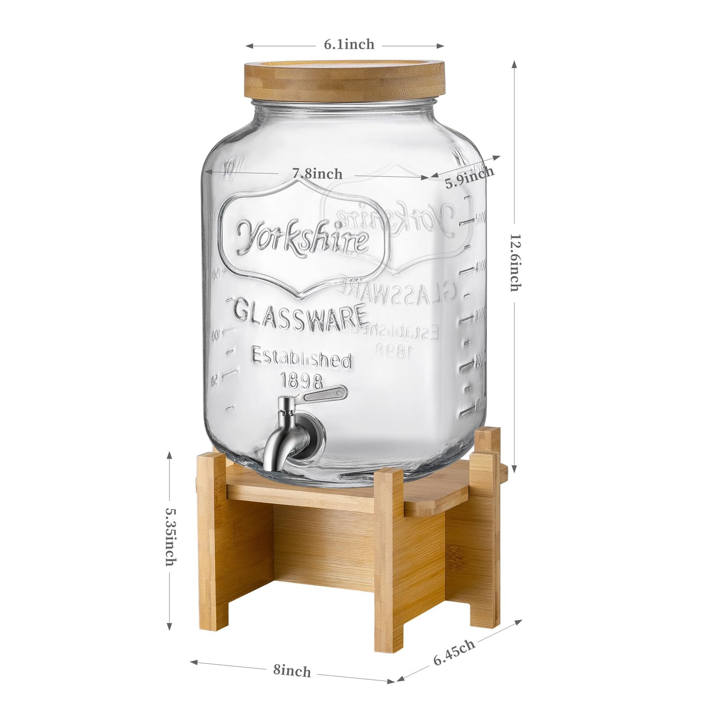 Drink Dispenser with Wood Stand and Lid,2 Gallon Glass Beverage Dispenser with Stainless Steel Spigot for Parties,Picnics,Barbecues,Lemonade,Sun tea Jar,ice coffee,Laundry Detergent Dispenser