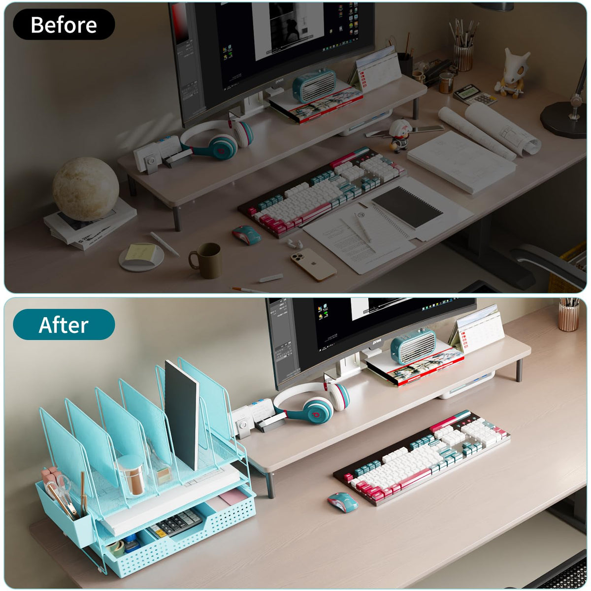 LEKETREE Teal Desk Organizer, Office Organization with Vertical File Holder, File Organizer with Drawer and Pen Holder, Desk Accessories and Workspace Organizers for Home Office (Sky Blue)