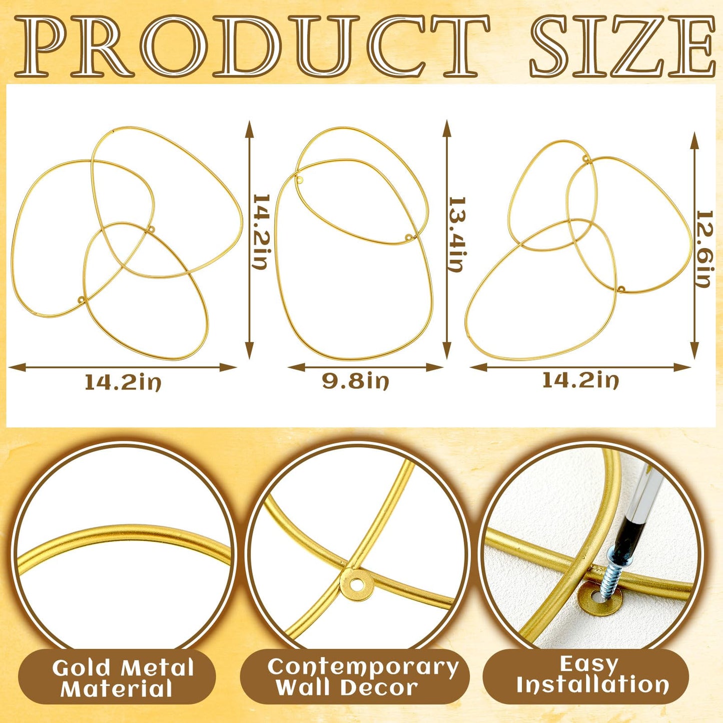 Hicarer 3 Pcs Interlocking Rings Wall Sculpture Gold Metal Home Wall Decor Abstract Aesthetic Gold Decoration for Art Bedroom Living Room Bathroom Home(Circle)