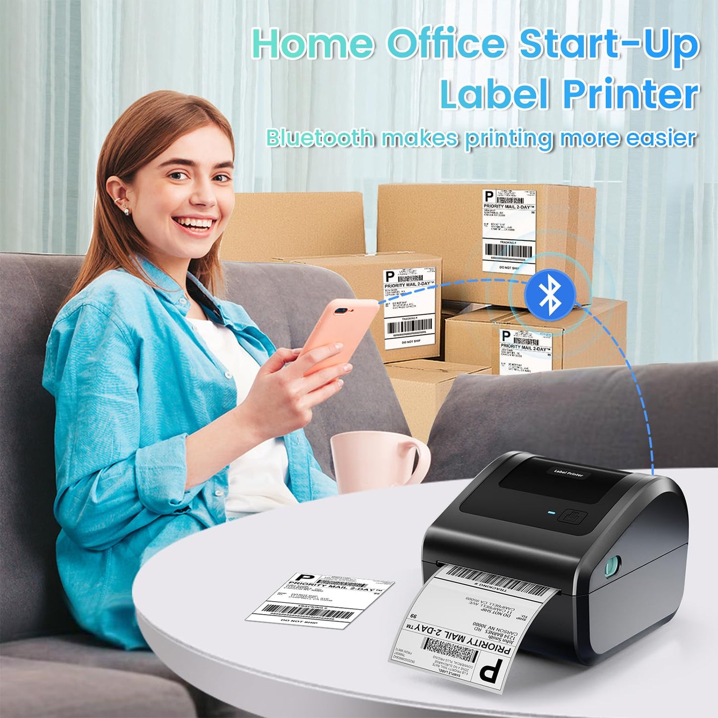 Omezizy Bluetooth Shipping Label Printer 4x6, D450BT Thermal Label Printer for Shipping Packages, Thermal Printers for Small Business, Compatible with Android, iPhone, Windows, macOS, Tiktok, UPS