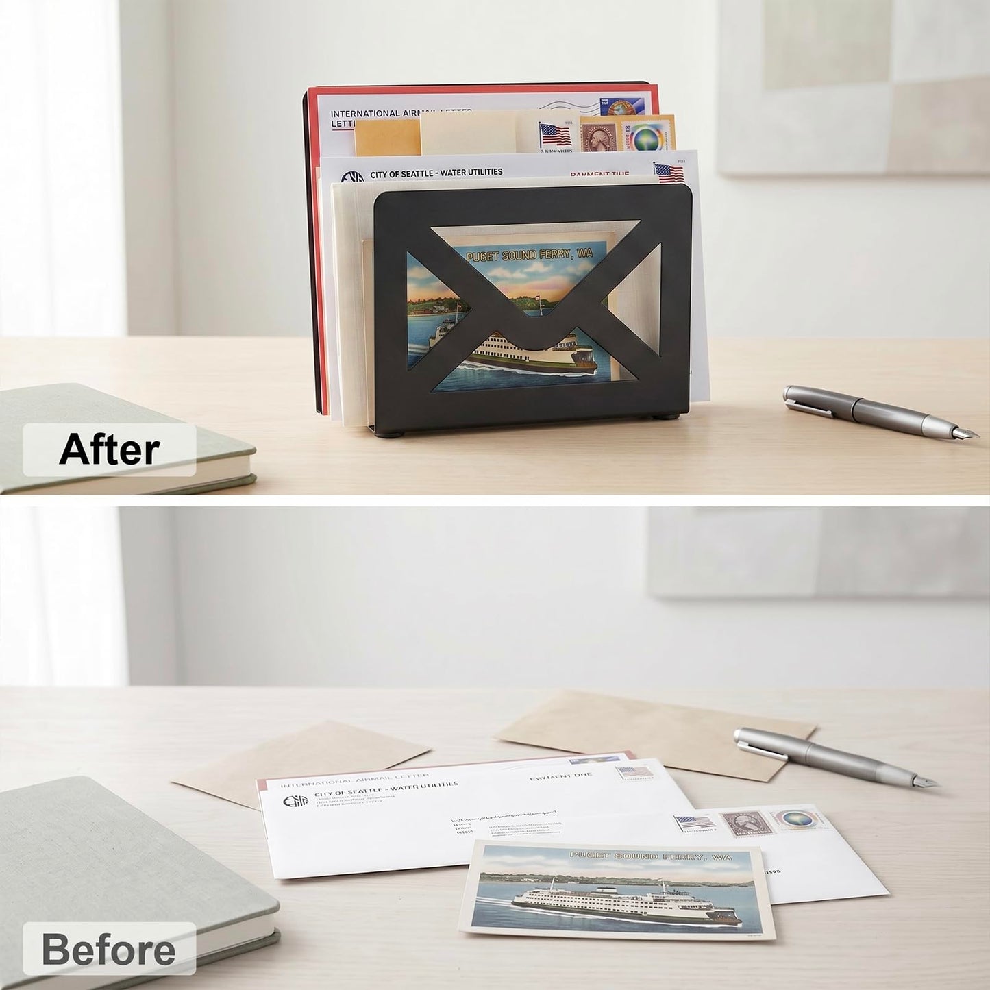 MyGift Black Metal Desktop Mail Holder with Cutout Envelope Design Home and Office Desk Letter Organizer