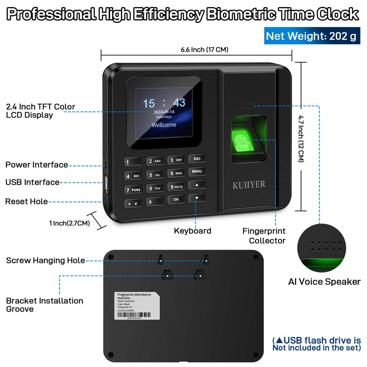 KUIIYER 2 in 1 Employees Time Clocks for Small Business (Fingerprint + Password) Employee Clock in & Out Machine Biometric Attendance Punch Clock Recorder Tracker (No Monthly Fee)