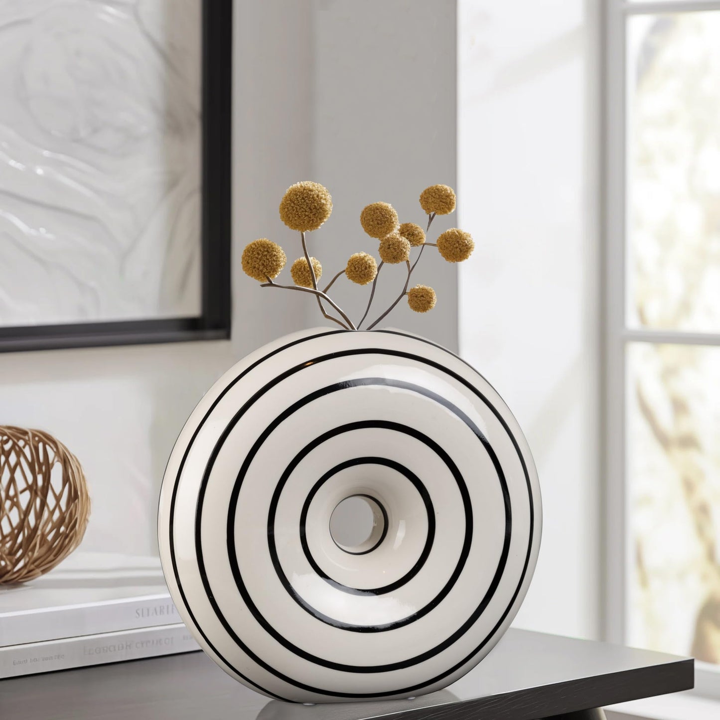 Konstéra Ceramic Large Donut Vase Hand-Painted Glossy Finish, Unique Modern Home Accent, Flower Holder, Stylish Decor for Living Room, Coffee Table, Mid-Century Modern