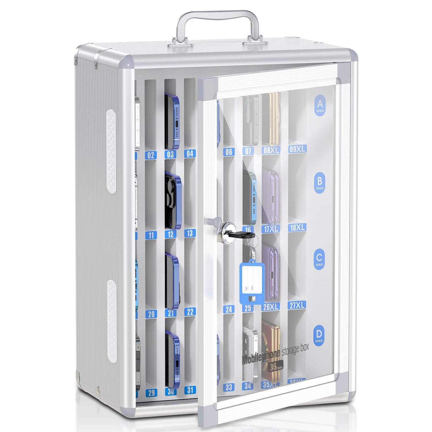 Lockbako 36 Slots Cell Phone Locker for Classroom, Portable Mobile Phone Storage Box with 【2 Different Size Slots】, Phone Lock Box Wall Mounted (Silver)