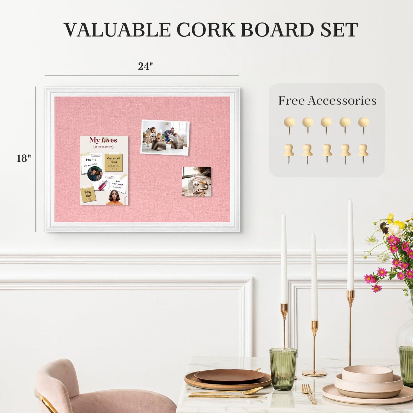AMUSIGHT Large Pink Cork Board with Linen, 24" x 18" Hanging Wood Framed Bulletin Board, Picture Display Vision Board Corkboards for Wall Room School Office Decor, 10 Pushpins, 1 Pack