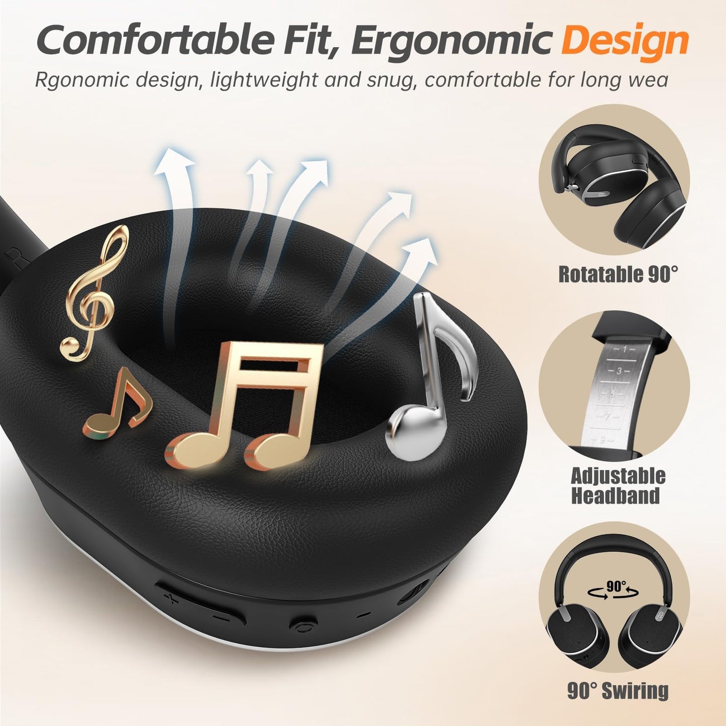 MMWOWARTS Hybrid Active Noise Cancelling Bluetooth Headphones,Bluetooth 6.0 Over Ear Wireless Headphones with 60H Playtime, Hi-Res Audio, Deep Bass, Memory Foam Ear Cups for Home Office Travel Black