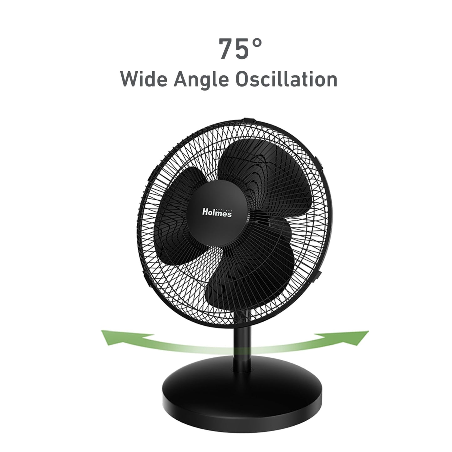 Holmes 12 Inch Oscillating Table Fan 3 Speeds 75 Degree Wide Angle Oscillation Adjustable 15 Degree Tilt Quiet Operation Home Office Bedroom Kitchen Black
