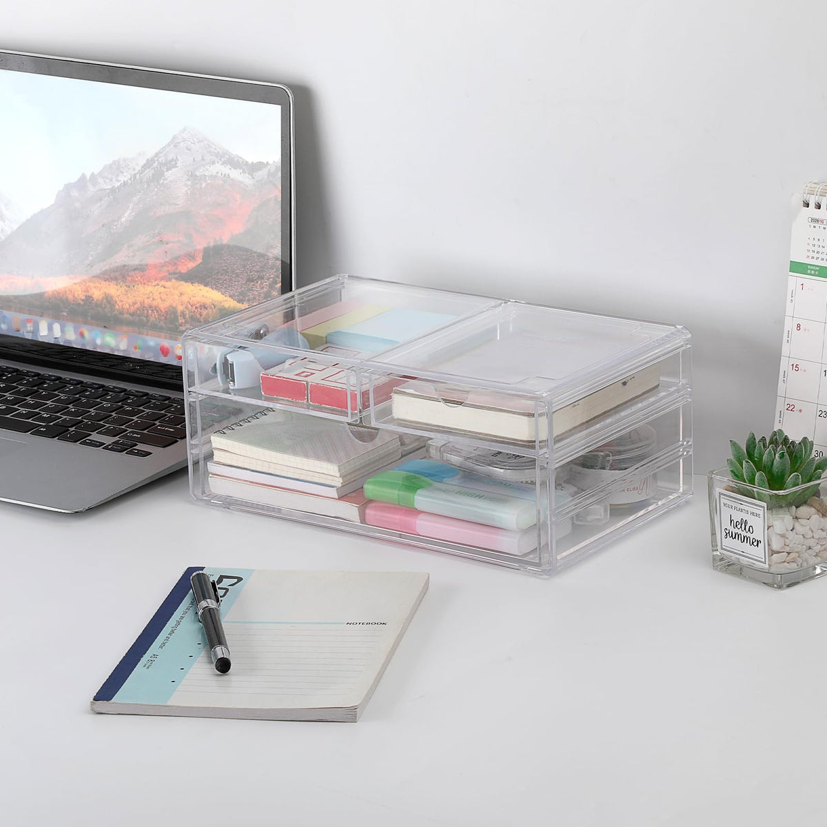 BTSKY Clear Acrylic Drawer Organizer, Stackable Container with 2 Narrow + 1 Large Drawers, Desk Organizer for Stationery Study Essentials Makeup Jewelry, Multipurpose Storage Box for Office and Home