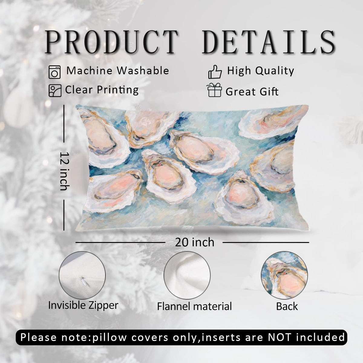 JOQUXI Pastel Blue Oyster Pillow Covers 12x20, Preppy Beach Room Decor, Coastal Ocean Beachy Aesthetic Seashell Lumbar Throw Pillow Covers for Girls Dorm Apartment Bedroom, Set of 2