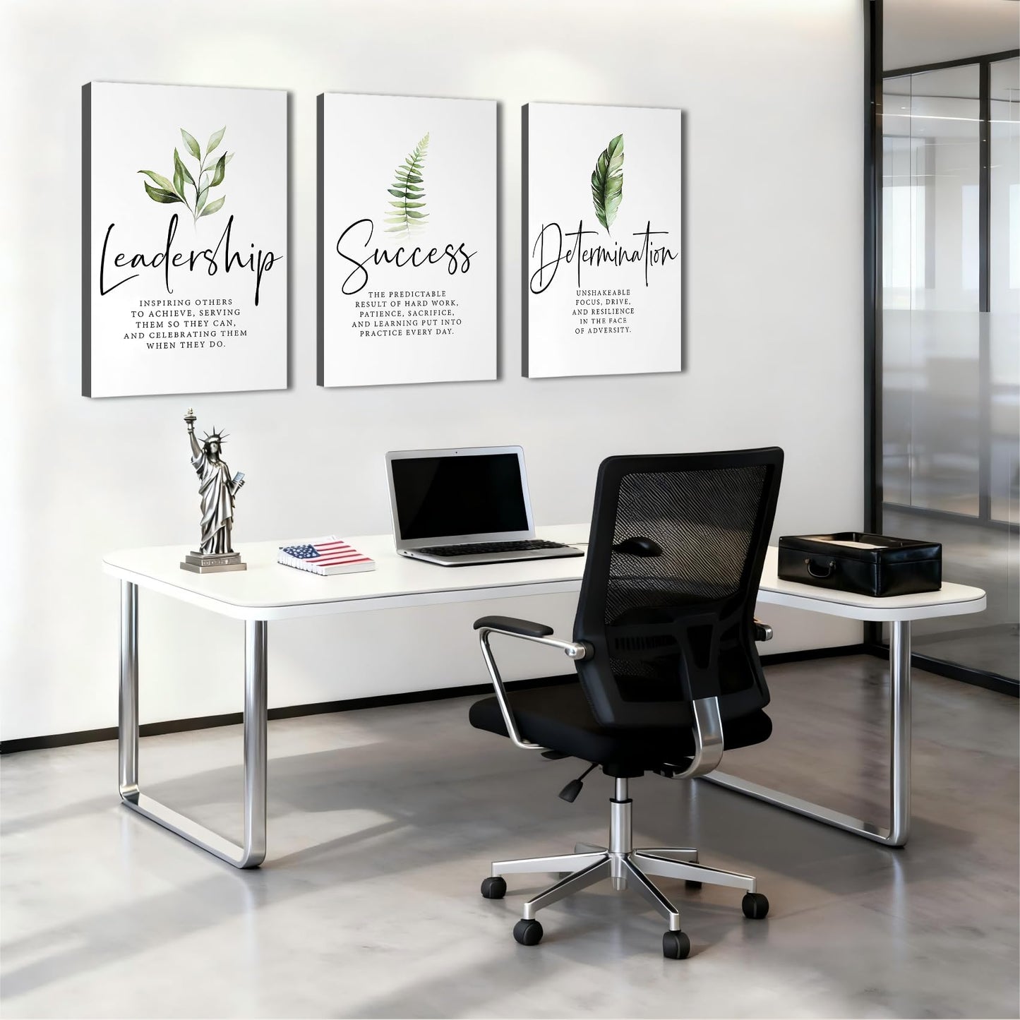 Set of 3 Framed Canvas Art - Motivational Office Wall Decor, Leadership/Success Quotes with Leaves, Inspirational Prints for Bedroom, Framed Positive Vibe Wall Art