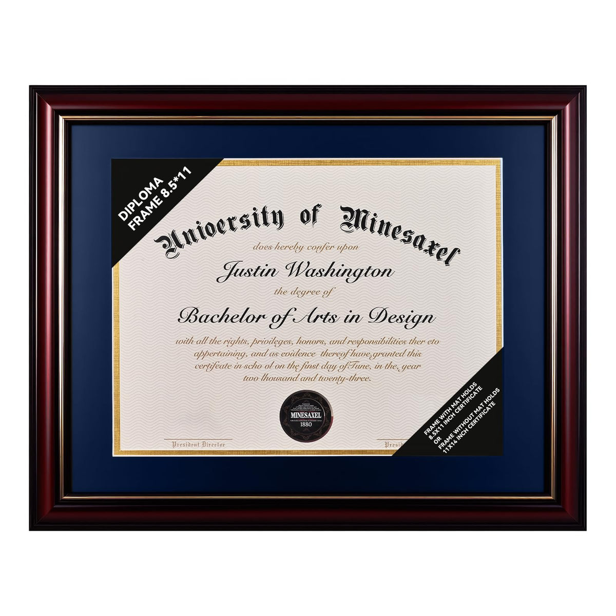 GAMYPET Solid Wood Diploma Frame 8.5 x 11 Certificate Frames with Navy Mat or 11x14 Document without Mat as Graduation Picture Frame