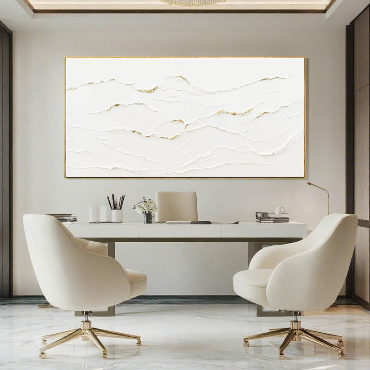 WINKAILIN Minimalist White and Gold Line Artwork with Frame Hand Painted Abstract Canvas Wave Wall Art for Bedroom Living Room Office 24"x48"