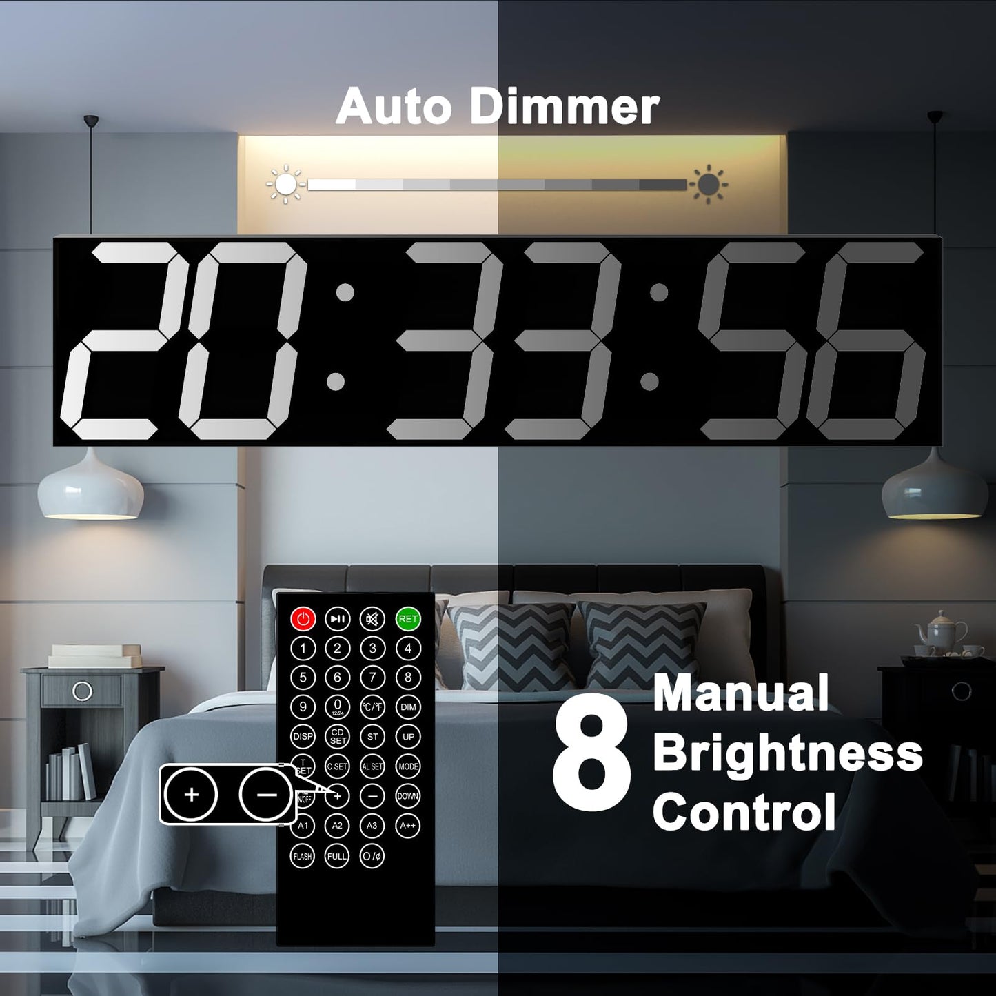 CHKOSDA Digital Wall Clock, Oversize Led Digital Clock with Auto Dimmer, Huge Countdown Timer with Remote Control, 27" Wide Led Display, 6 Digits, Wall Mount, Date and Temperature (White)