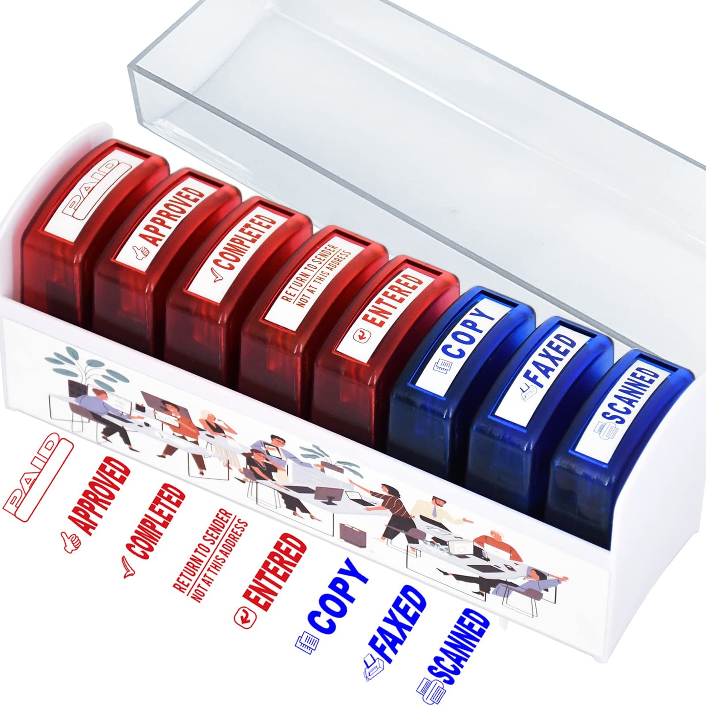 Bertiveny 8 PCS Self-Inking Rubber Stamp Set for Office Stamps Business Stamp Message Account Stamp Paper Work Text Ink Stampers Approved Paid Completed Copy Faxed Scanned Stamps with Plastic Tray