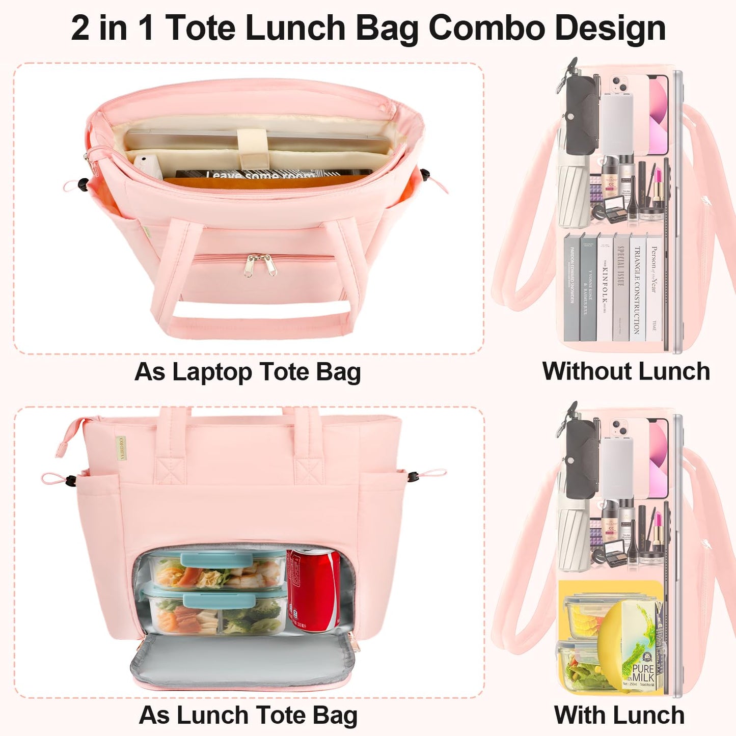 Veirdro Work Laptop Tote Bag for Women with Insulated Lunch Compartment, Lightweight Puffy Lunch Tote Bag with 15.6 Inch Laptop Compartment, Quilted Laptop Bags for Office Commuter Teacher Nurse Pink