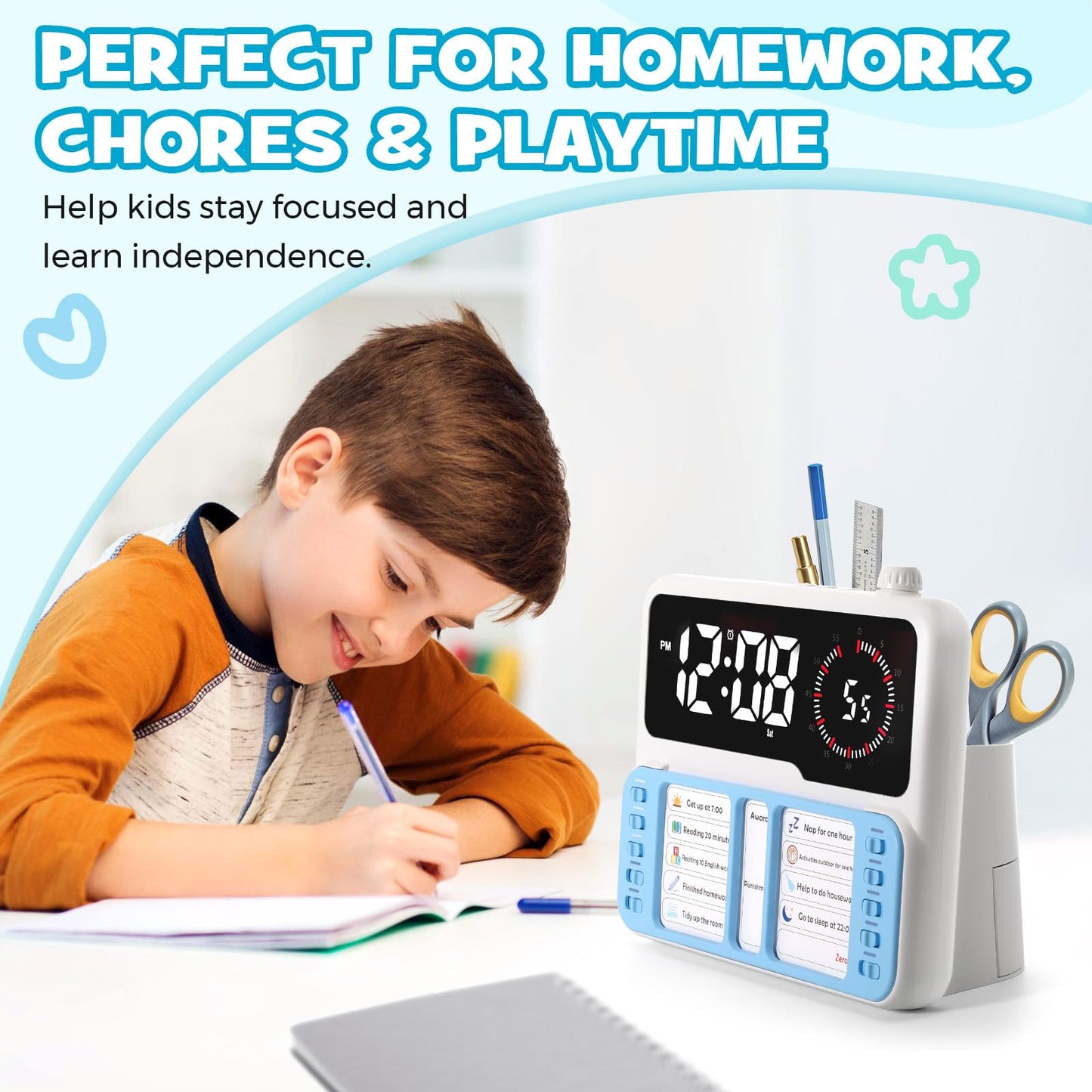 Spoottool 7-in-1 Visual Timer for Kids & Adults with Task Planner – ADHD Time Management Tool with Alarm, Countdown, Calendar, Temperature Display & Storage – Ideal for Home, School (Blue)