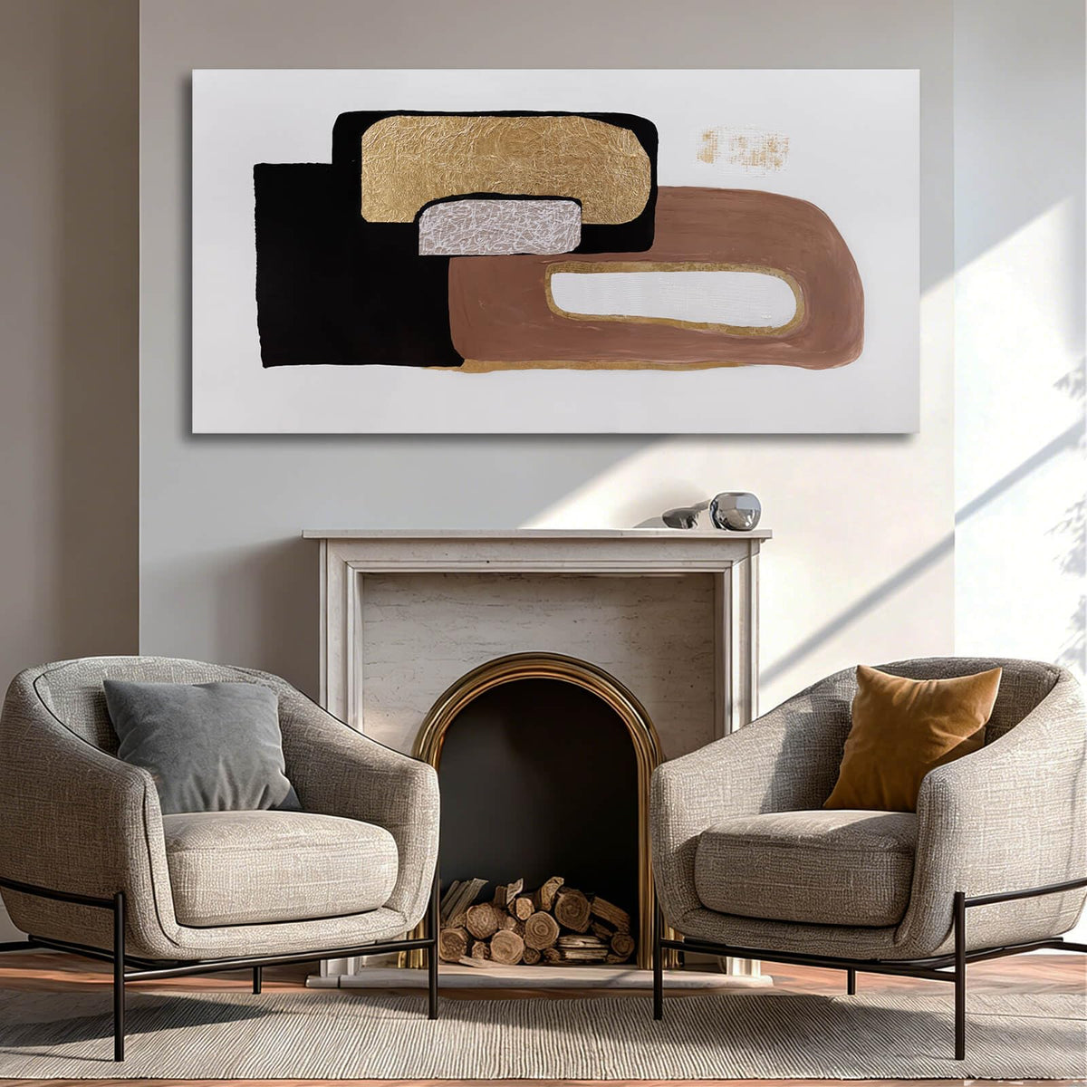 Framed Neutral Abstract Wall Art for Living Room Black and Gold Pictures Wall Decor Geometric Block Art 29"x 58" Big Painting for Bedroom Office