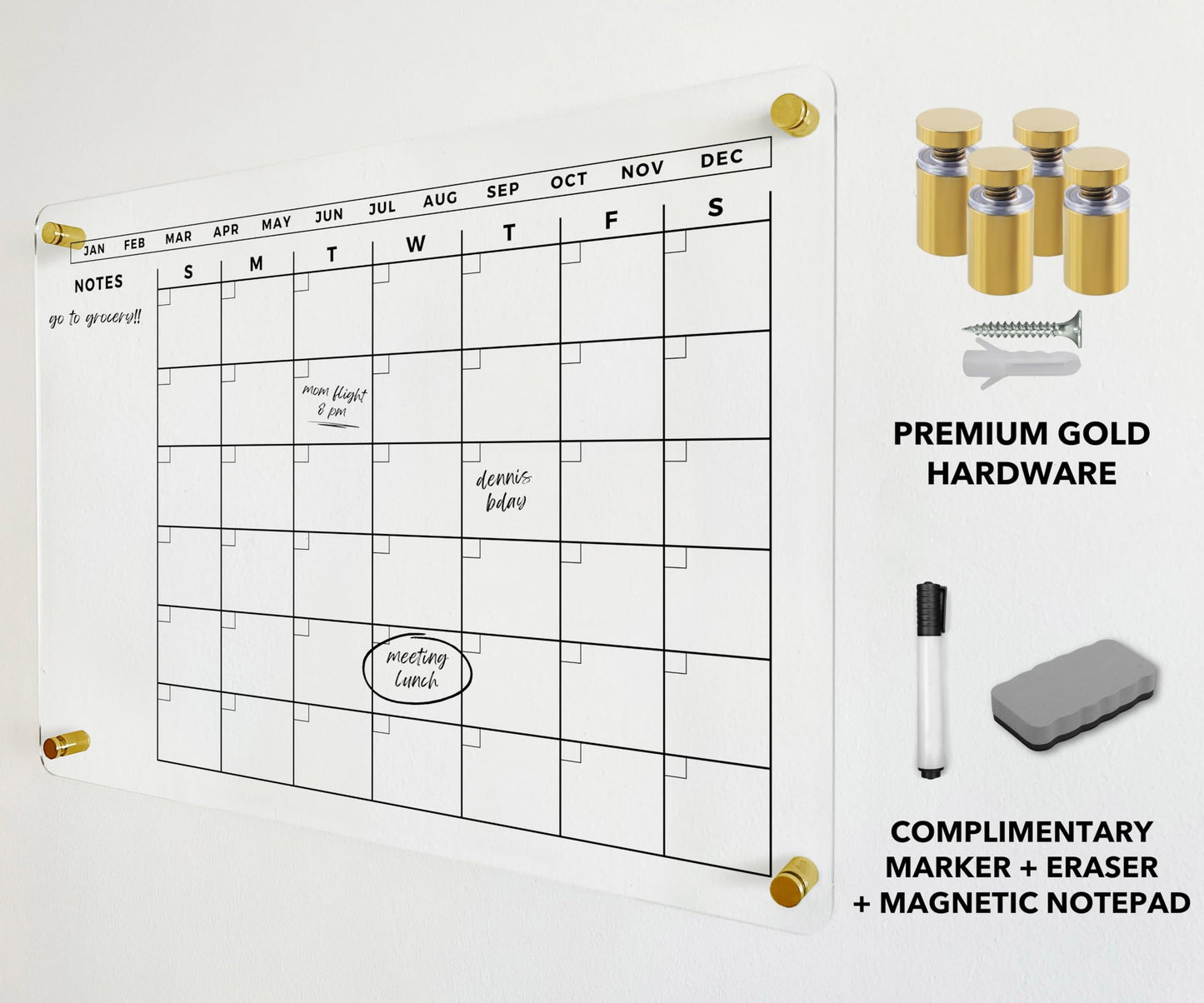 Large Acrylic Calendar with Gold Hardware - Dry Erase Monthly Acrylic Planner - Calendar 2026 Family Dry Erase Wall Calendar (18x14 (Small))