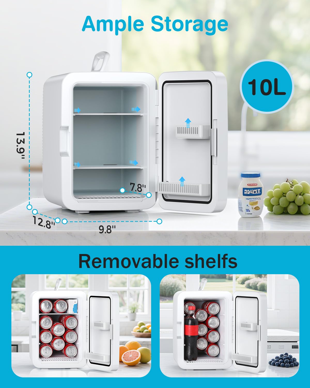 Antarctic Star Compact Mini Fridge, 10L Portable Small Refrigerator, 2.6 Gal Mini Fridge with AC/DC Adapters, Small Cosmetics Cooler for Beverage, Food, Makeup, Bedroom, Office, Dorm, White