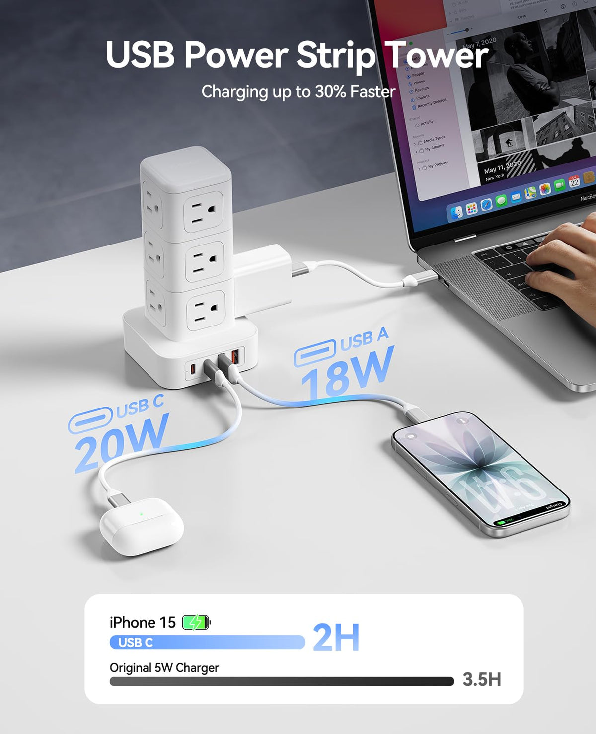 ORICO Tower Power Strip with Surge Protection, Charging Station Tower with 12 AC Outlets 4 USB Ports (2 USB C), Space Saving Design, 5FT Tower Extension Cord for Home, Office, Dorm - TPP20