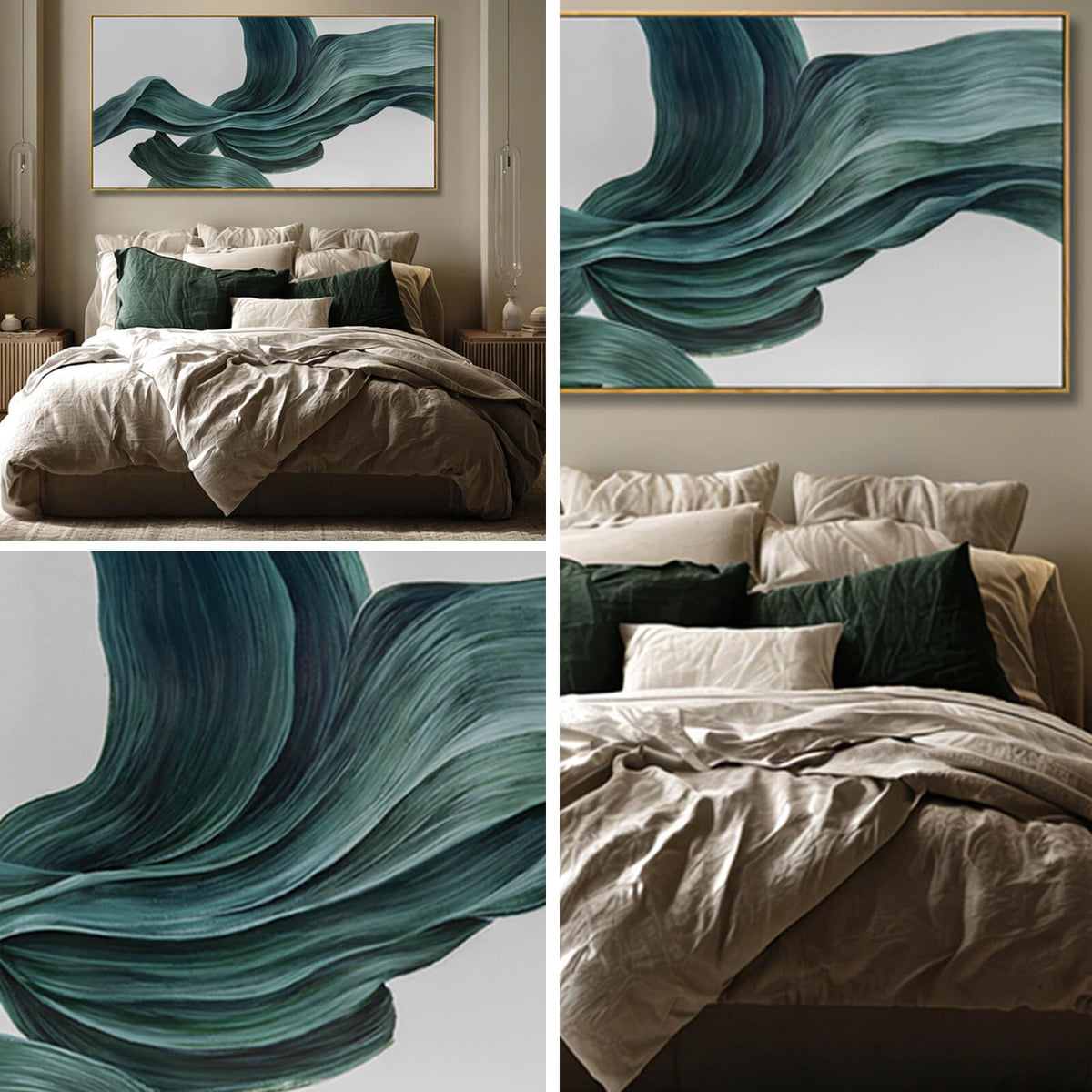 Green Abstract Wall Art 24x48 Inch, Large Framed Canvas Painting with Wooden Frame, Modern Minimalist Wall Decor for Living Room Bedroom or Office