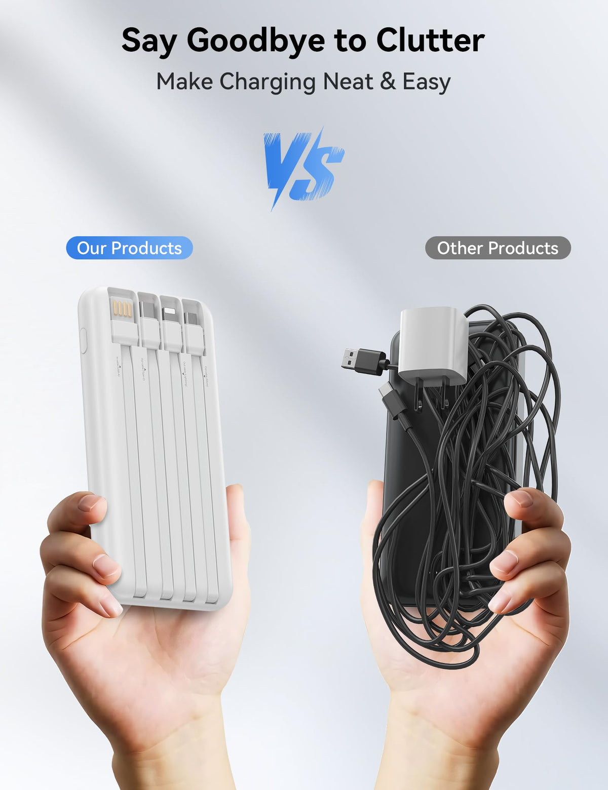 Portable Charger, 10000mAh 22.5W Fast Charging Power Bank with 4 Built-in Cables, Travel Essentials Battery Pack with LED Display, 6 Outputs Charging Bank Compatible with iPhone, iPad, Samsung White