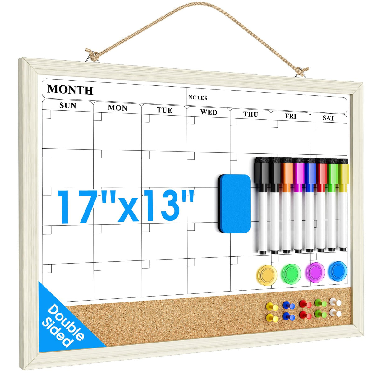 MaxGear Calendar Whiteboard for Wall, 17 x 13 Inch Double Sided Monthly Calendar Whiteboard with Cork Board Strip, Magnetic Dry Erase Board with Wooden Frame for Kitchen and Home Office Planning