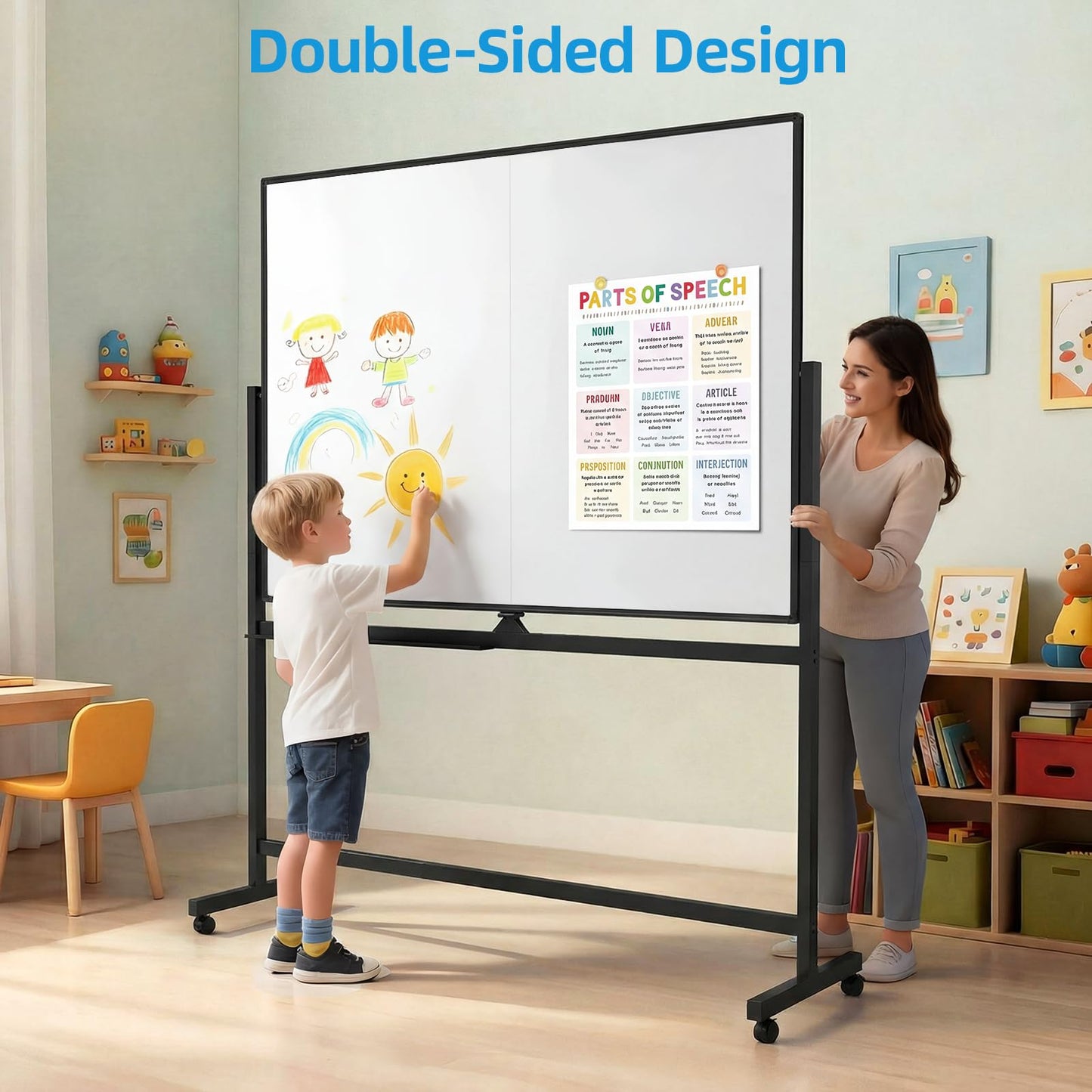 VOWNER Double-Sided Magnetic Whiteboard, 60" x 48" Mobile Dry Erase Board, Reversible Rolling White Board with Aluminum Frame & Stand, for Home Office, Classroom, School, Black