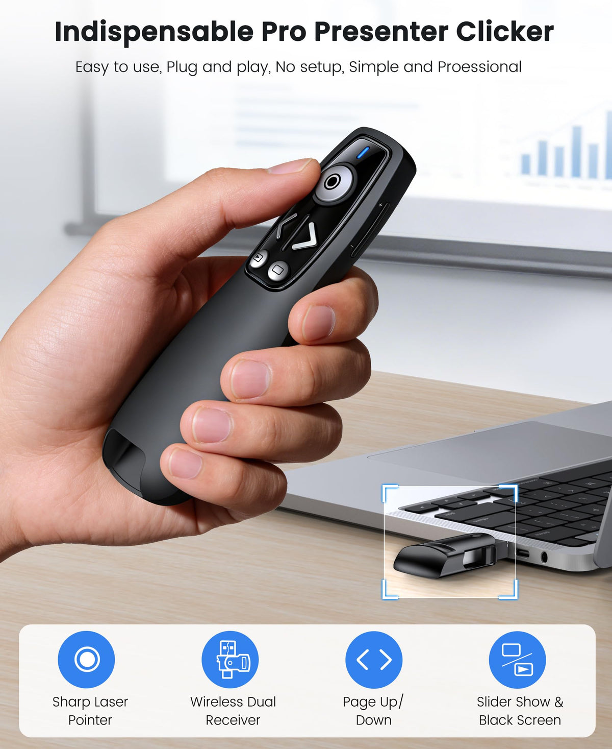 Presentation Clicker Wireless Presenter Remote for PowerPoint, Powerpoint Clicker with Volume Control PowerPoint Slide Advancer for Mac, Computer, Laptop