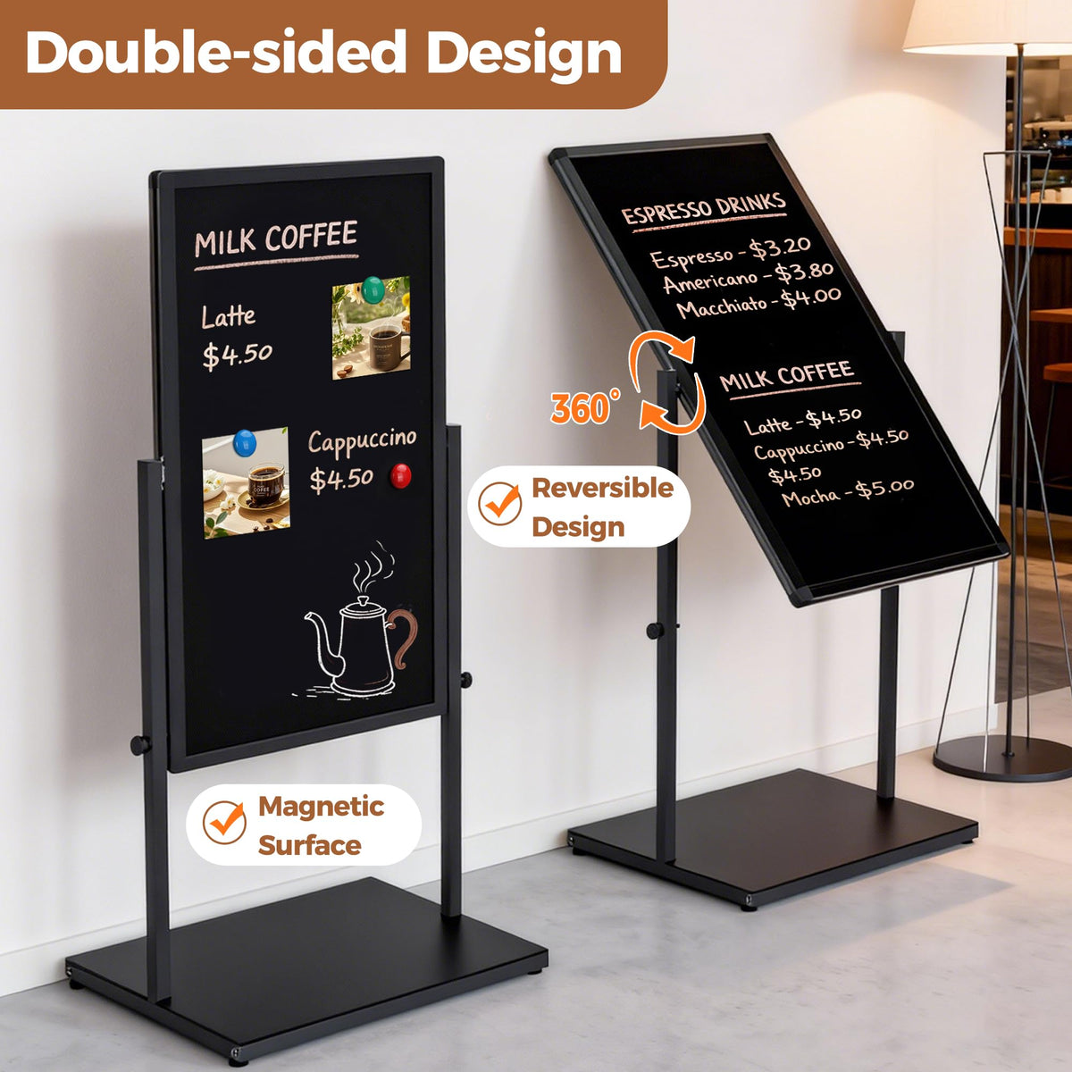 SELEAD 20”x45” Magnetic Aluminum Frame Chalkboard with Metal Floor Stand - 360° Reversible Double-Sided Chalk Board Heavy-Duty Indoor Outdoor Sign Board for Menu, Business, Cafe, Home Office