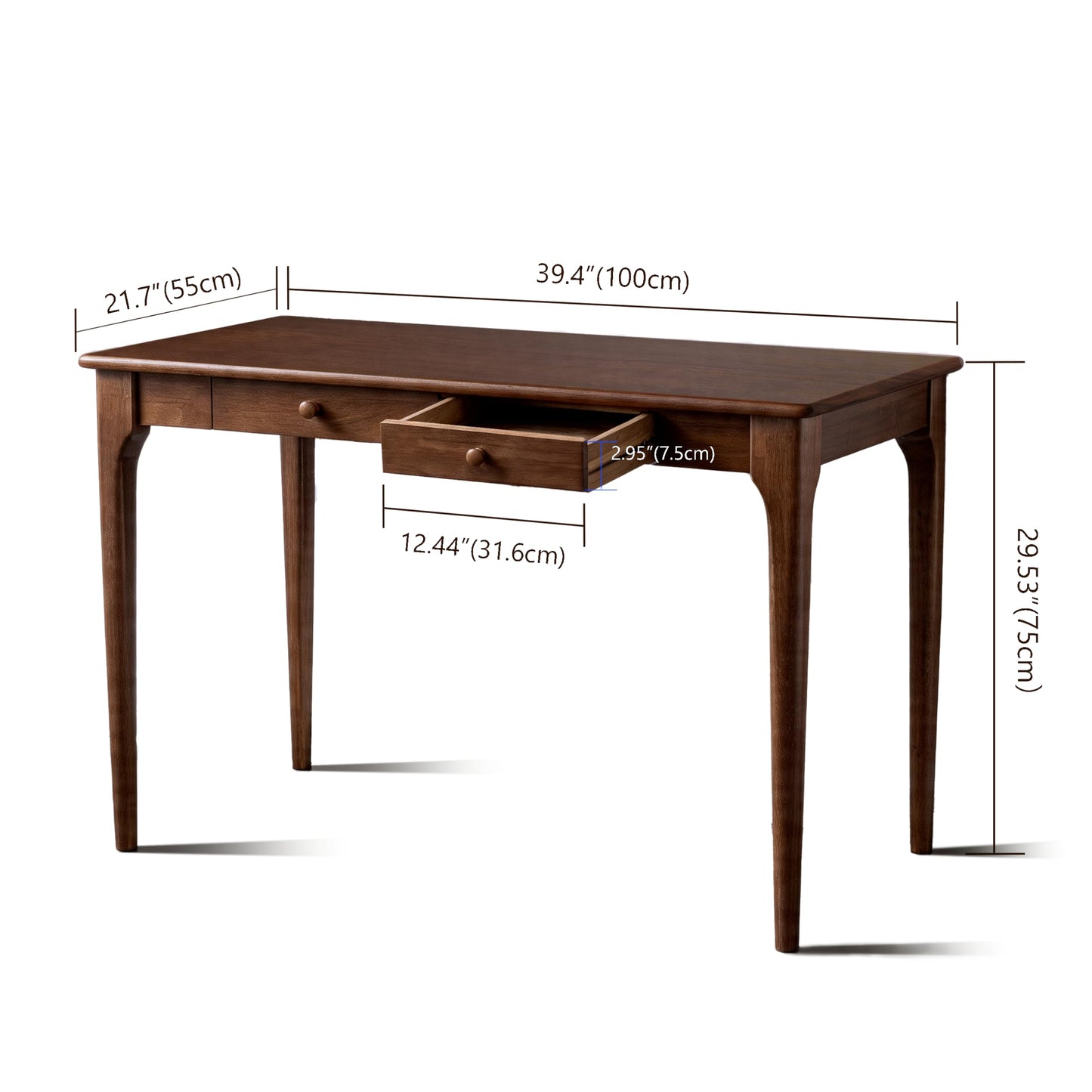 KTVVKTVV Natural Solid Wood Desk with Drawers,Mid Century Modern Real Wood 40" Writing Desk,Home Bedroom Computer Office Workstation Desks,Small Spaces,Walnut Color