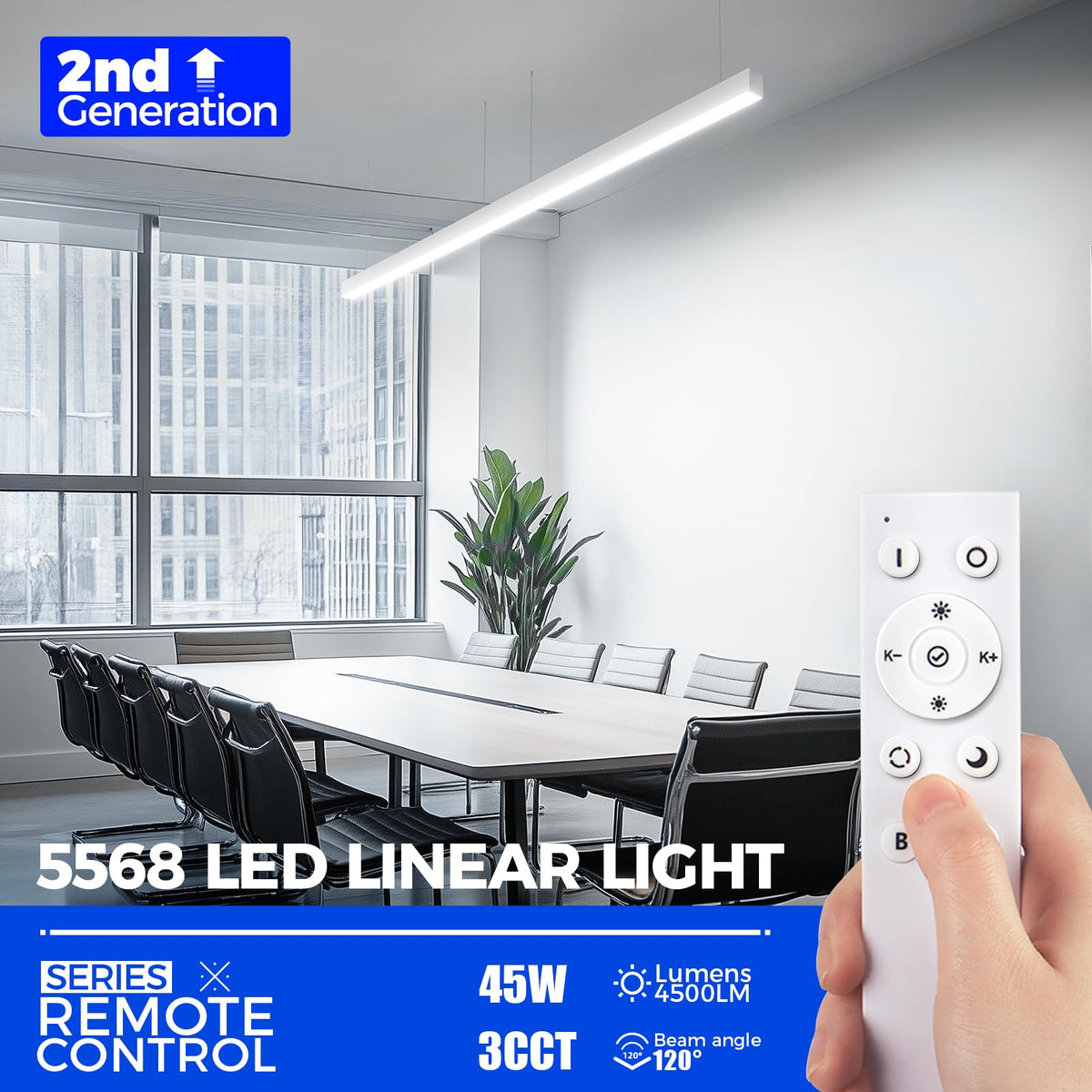 Barrina 5568 Remote Series LED Linear Light, 2nd-Generation, 45W Seamless Connection, 3000K-6000K Color Changing, 4FT Dimmable Hanging Office Shop Light Fixture with Remote, 5568 Series White, 4 Packs
