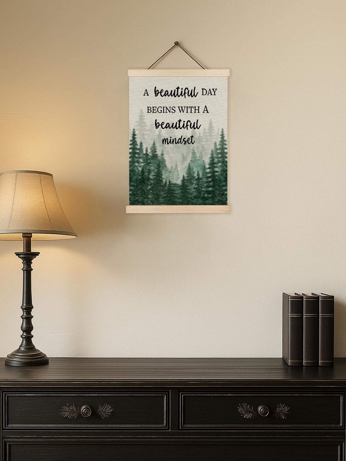 Mindset Framed Canvas Wall Art - A Beautiful Day Begins with a Beautiful Mindset Hanging Canvas Wall Decor for Bedroom Office, Nature Forest Mountain Positive Hanging Poster, Inspirational Gifts for Women