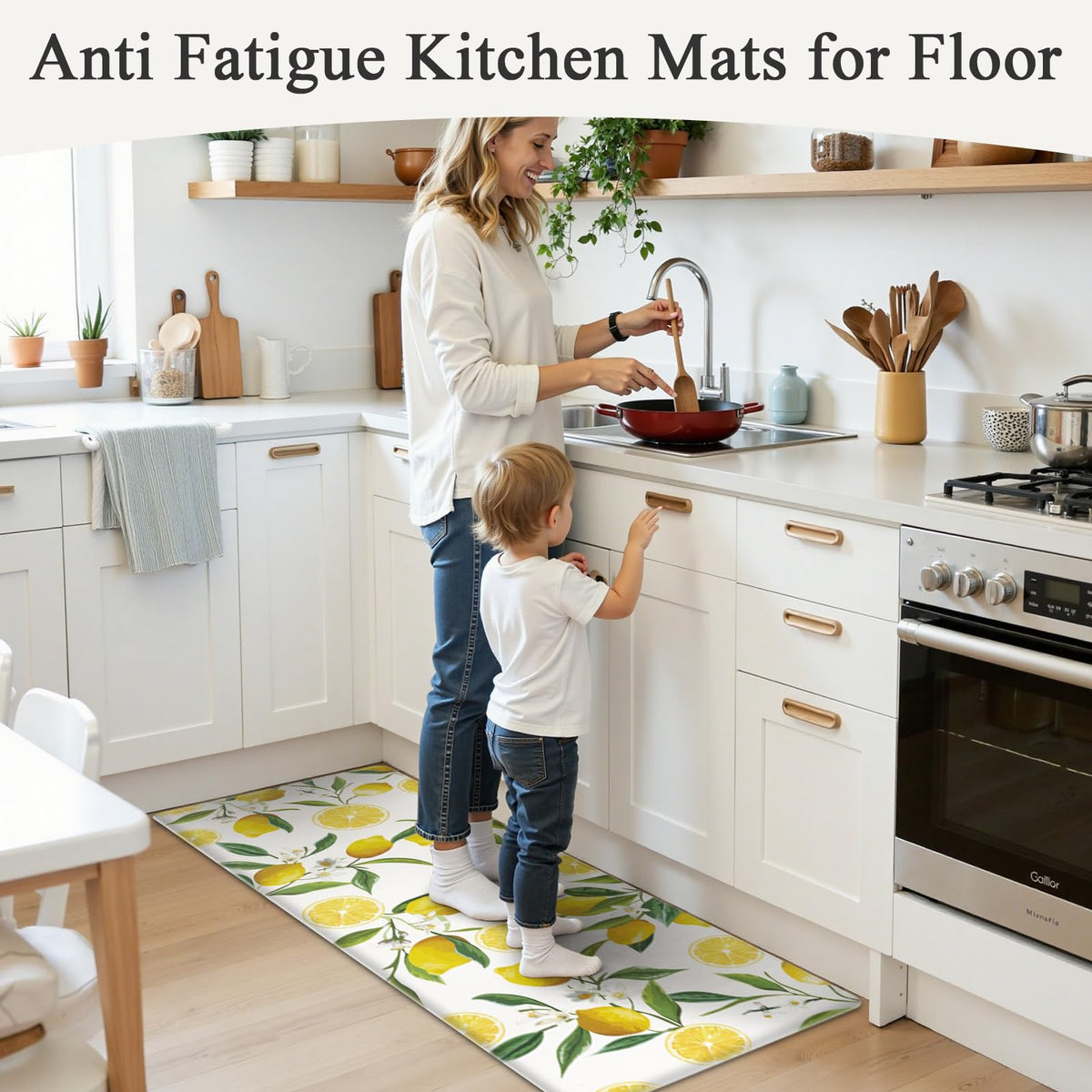 SHACOS Anti Fatigue Lemon Kitchen Rugs Mats Set of 2 Pieces Non Slip Soft Cushioned Wipeable Kitchen Mats for Floor Standing Mats, 17"x27.5"+17"x47", White
