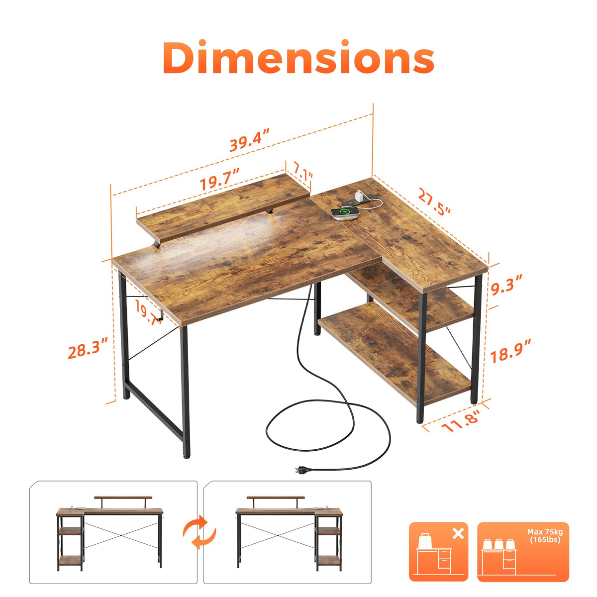 Mericonia Small L Shaped Computer Desk with Power Outlets, Reversible Gaming Desk with Storage Shelves & Monitor Stand, Corner Gamer Desk Table, Study Writing Table