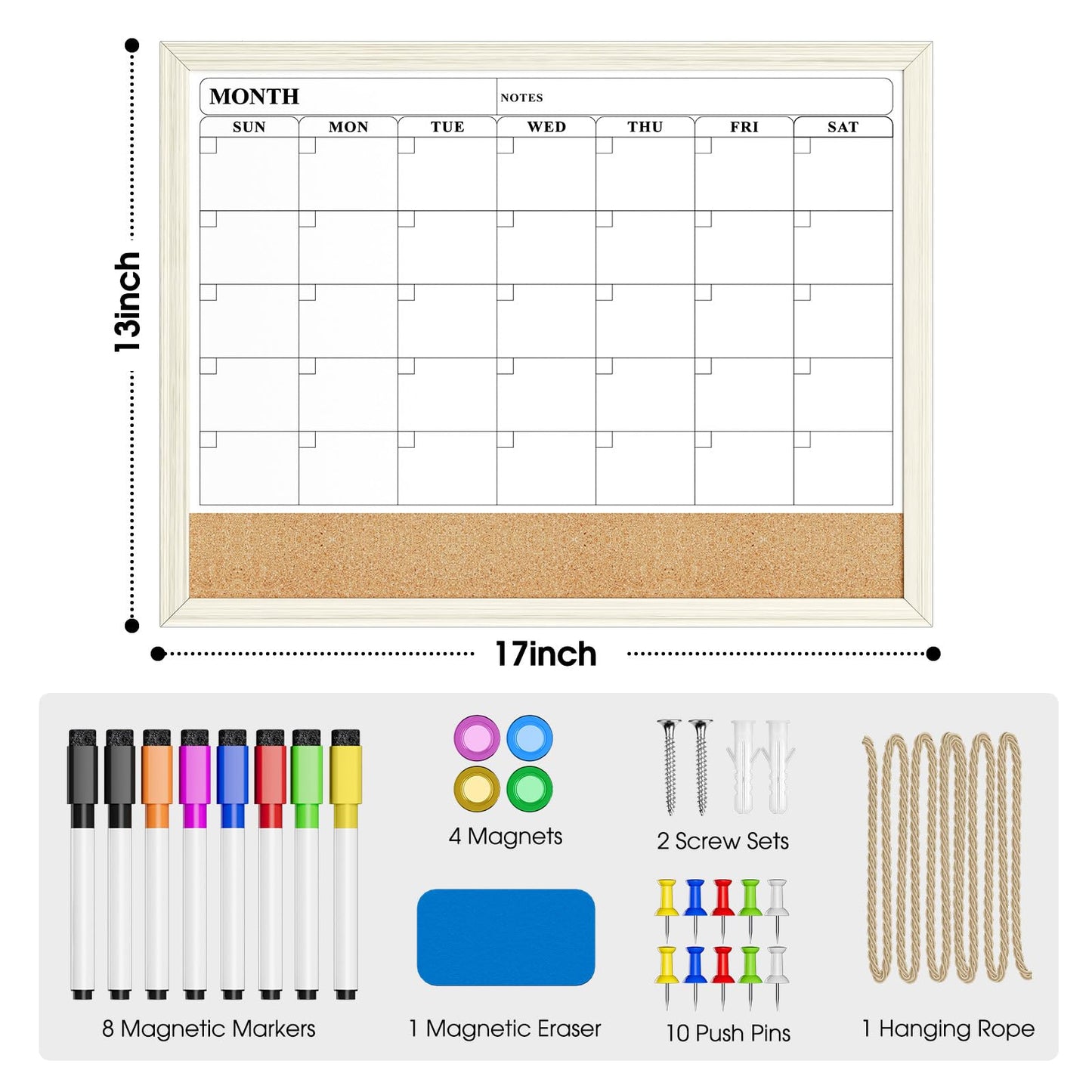 MaxGear Calendar Whiteboard for Wall, 17 x 13 Inch Double Sided Monthly Calendar Whiteboard with Cork Board Strip, Magnetic Dry Erase Board with Wooden Frame for Kitchen and Home Office Planning
