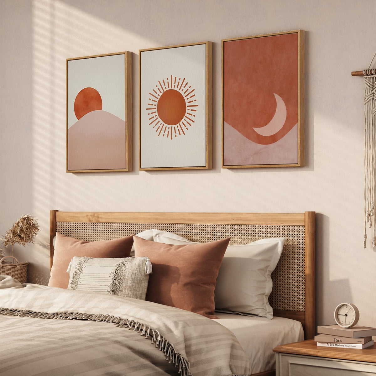 Framed Sun and Moon Boho Wall Art Bedroom, 3 Piece Abstract Minimalist Terracotta Canvas Painings Prints Artwork for Walls, Mid Century Modern Bohemian Pictures for Living Room Office Wall Decor, 16x24 Inch