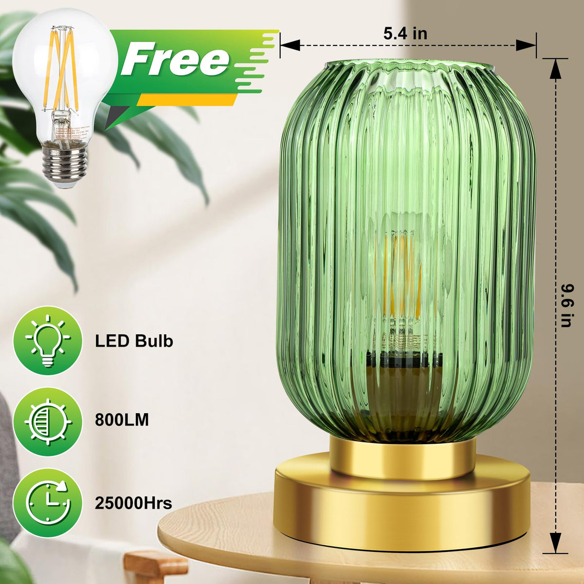 LEDIKON Mid Century Modern Table Lamp, Touch Control & 3 Way Dimmable, Green Ribbed Glass Shade, Small Gold, Vintage Bedside Lamp for Bedroom, Living Room,Office (Bulb Included)