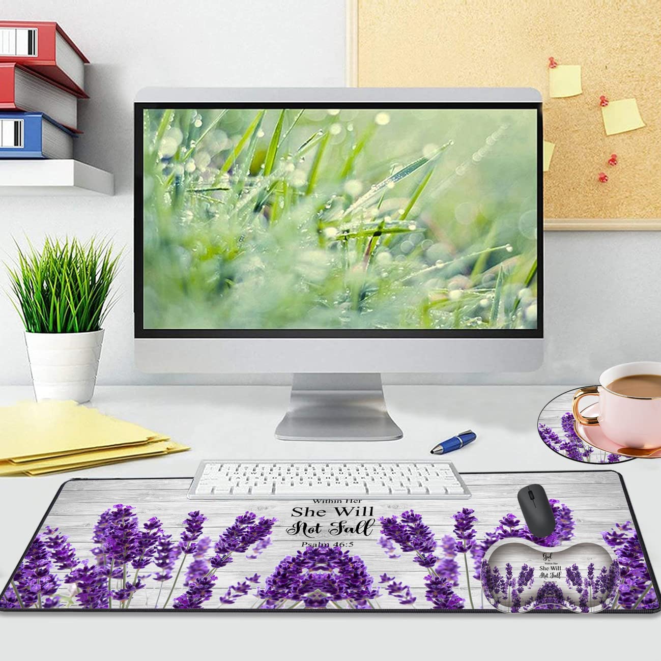 Large Gaming Mouse Pad 31.5x11.8 Inch Keyboard Pad + Ergonomic Wrist Rest Pad and Coaster with Non-Slip 3-Piece Desk Supplies Set, Bible Psalm 46:5 Lavender Design for Gamers/Office/Study