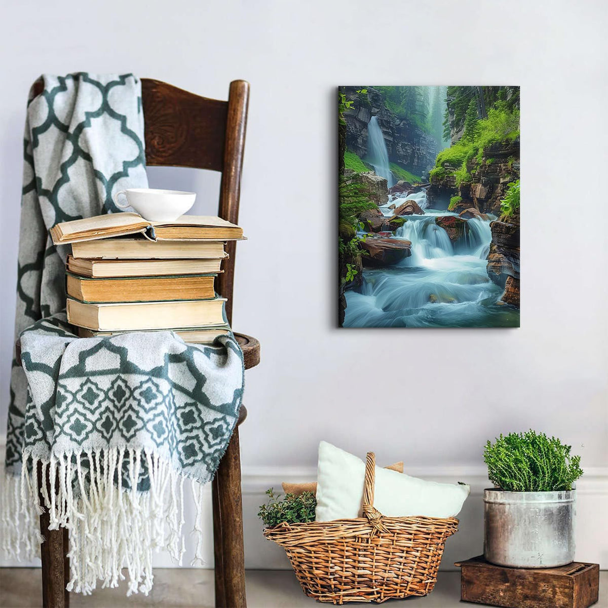 Waterfall Canvas Wall Art Nature Forest Pictures Zen Wall Decor Bathroom Decor Virginia Falls Landscape Poster Prints Tropical Mountain Scenery Painting Artwork Spa Living Room Home Decorations 12x16”