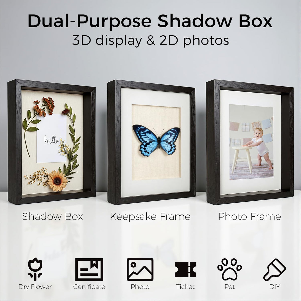 Heyxinda 8x10 Shadow Box Picture Frames Set of 4, Wooden Display Cases with Linen Board, Use as 6x8 Frame with Mat or 8x10 Without Mat, 1.0" Interior Depth for Flowers Memorabilia Collectibles, Black