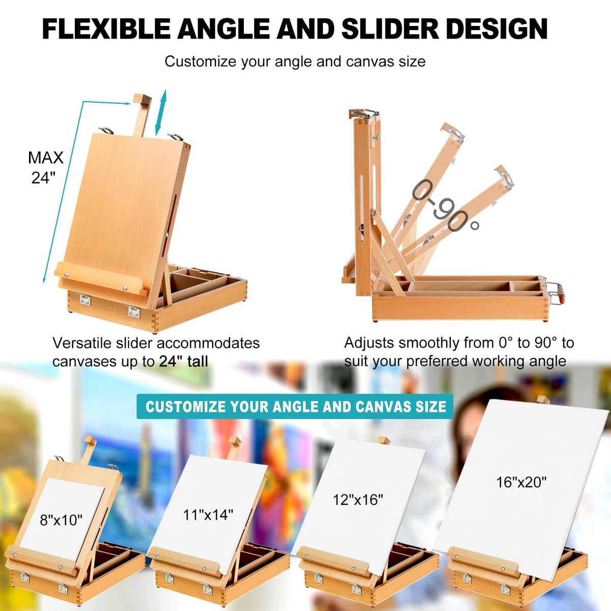 Beechwood Tabletop Easel for Painting, Portable Adjustable Sketchbox Art Easel Stand with Detachable Shoulder Strap for Beginners and Art Lovers