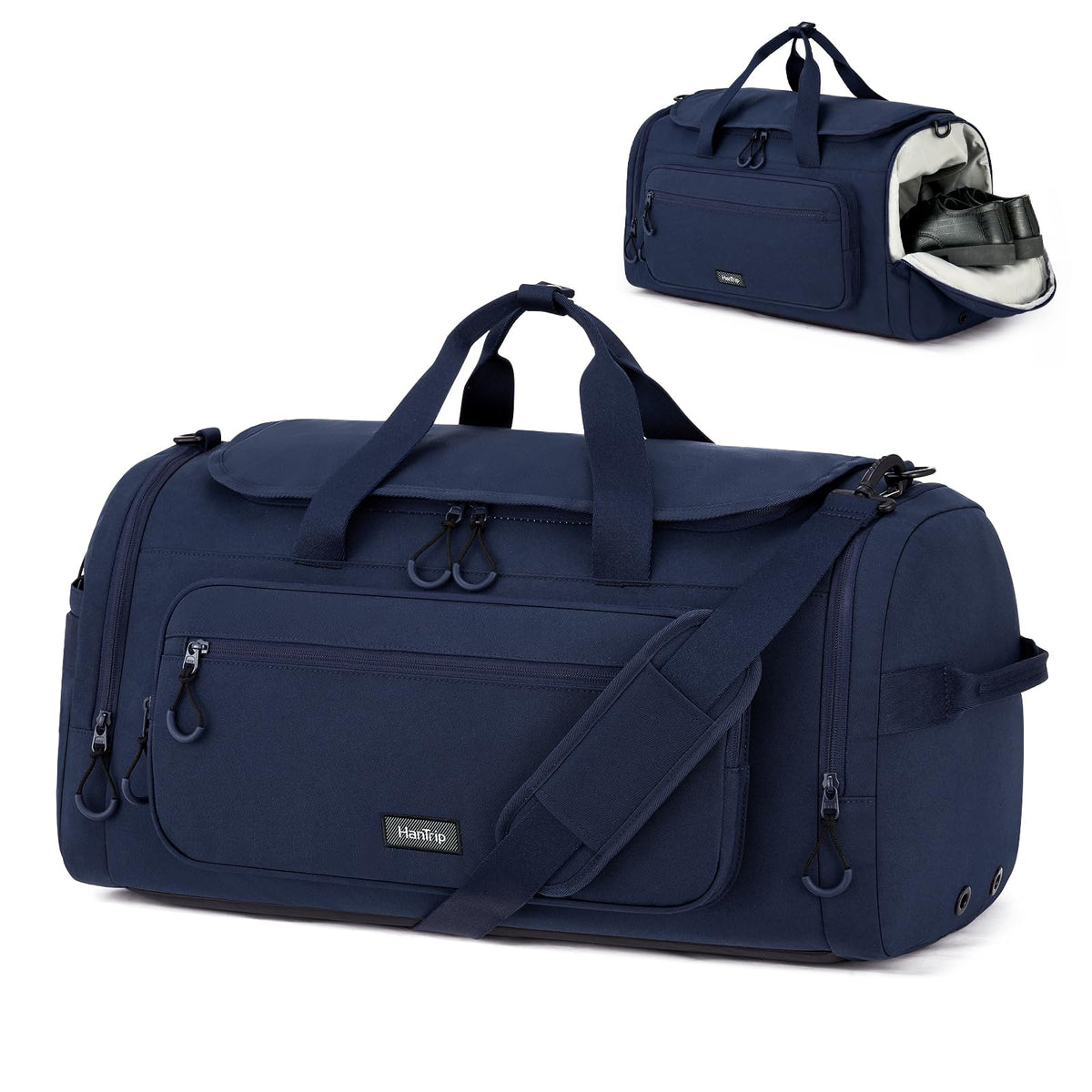 HanTrip Large Travel Duffle Gym Bag with Shoe Compartment, Underseat Carry On Luggage Overnight Weekender Personal Item Workout Bags for Women Men (Navy Blue)