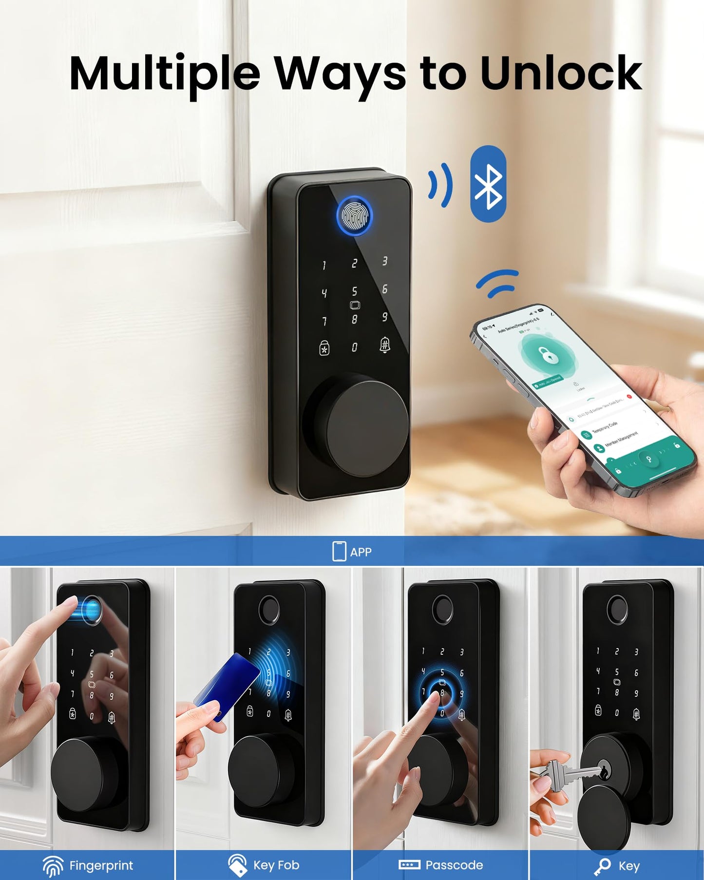 IBLOG Smart Deadbolt Lock with 2 Handle Set, 5-in-1 Keyless Entry Door Lock with Fingerprint, APP Control, Auto Lock, IP54 Waterproof, Temporary Passcode for Front Door