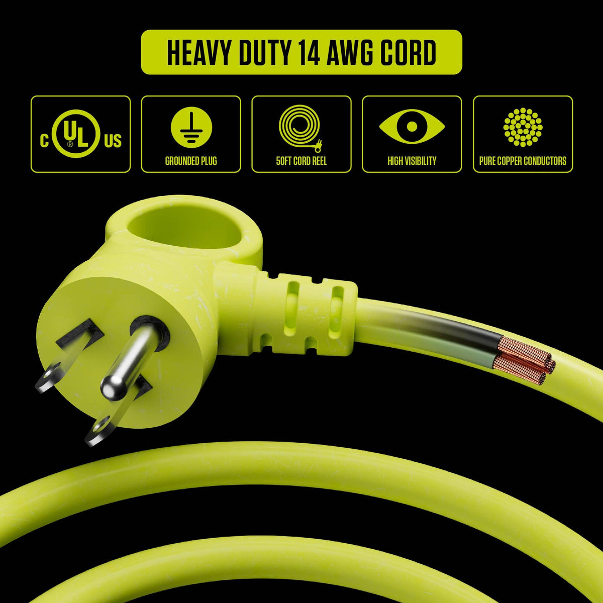 Masterplug 50ft Cord Reel, Retractable Extension Lead with Winding Handle, Safety Overload Circuit Breaker and Power Switch, 4X Grounded Outlets, 2X USB Ports, 13amps, 14AWG Cable