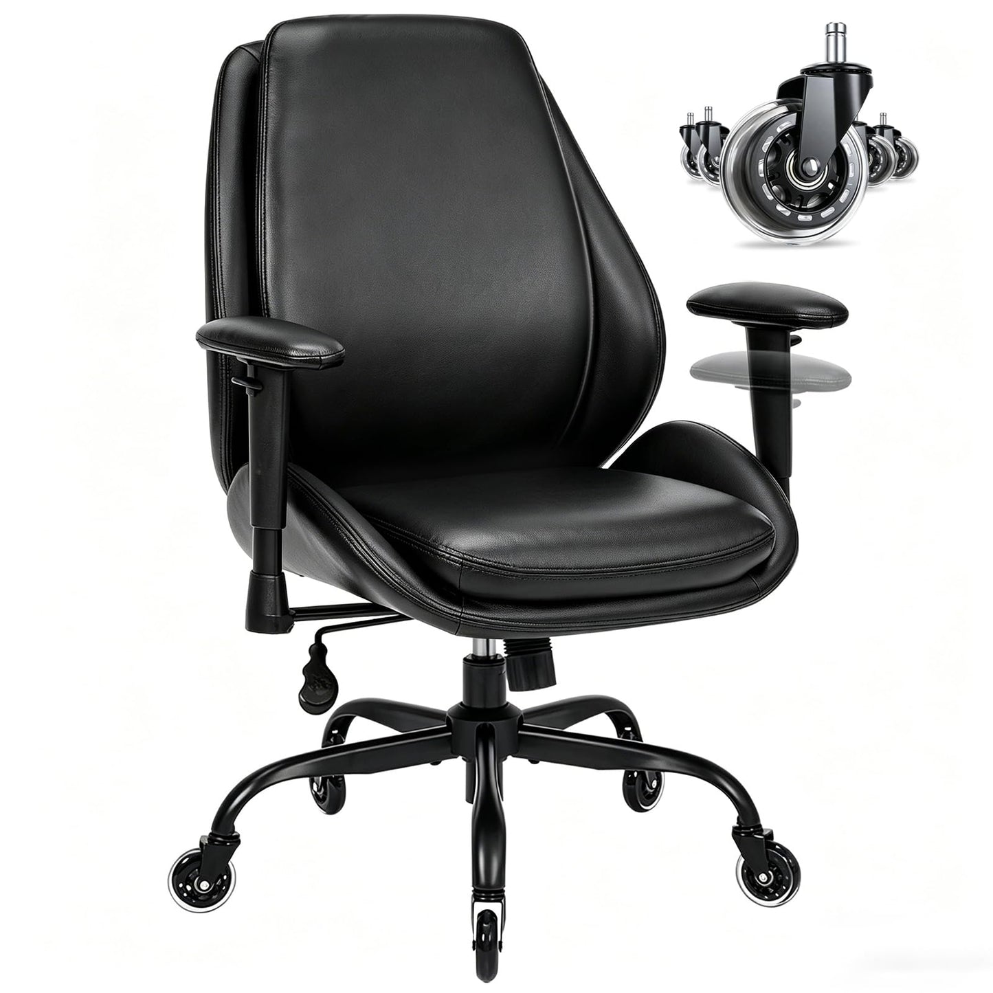 BEWISHOME Office Chair with Rubber Wheels, Big and Tall Office Chair, Ergonomic Office Chairs, Executive Desk Chair, Black PU Leather Computer Comfy Chairs with Lumbar Support, Adjustable Armrests