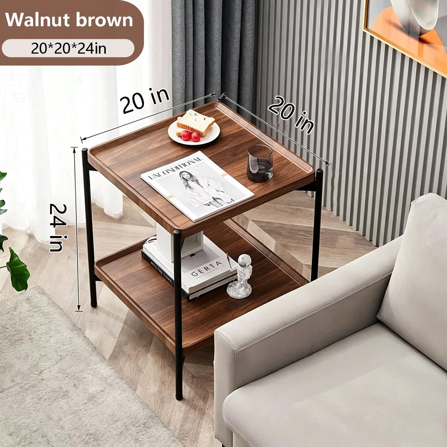GTIWROTN 2 Tier Side Table, Small Square End Table with Sturdy Metal Legs, 20 inch Nightstand for Living Room, Bedroom, Office and Small Spaces (Walnut)