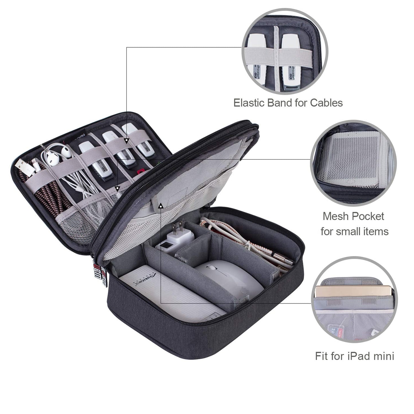 BUBM Electronic Organizer, Double Layer Travel Gadget Carry Bag for Cables, Plugs, Earphone, Flash Hard Drive and More--a Sleeve Pouch for iPad Mini(Medium, Black)