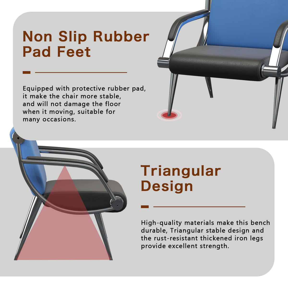 wonline 3 Seat Waiting Room Chair with Armrest PU Leather Office Furniture, Office Guest Seating Lobby Conference Reception Chairs for Airport Clinic Hospital Bank Salon Barber(Blue&Black)